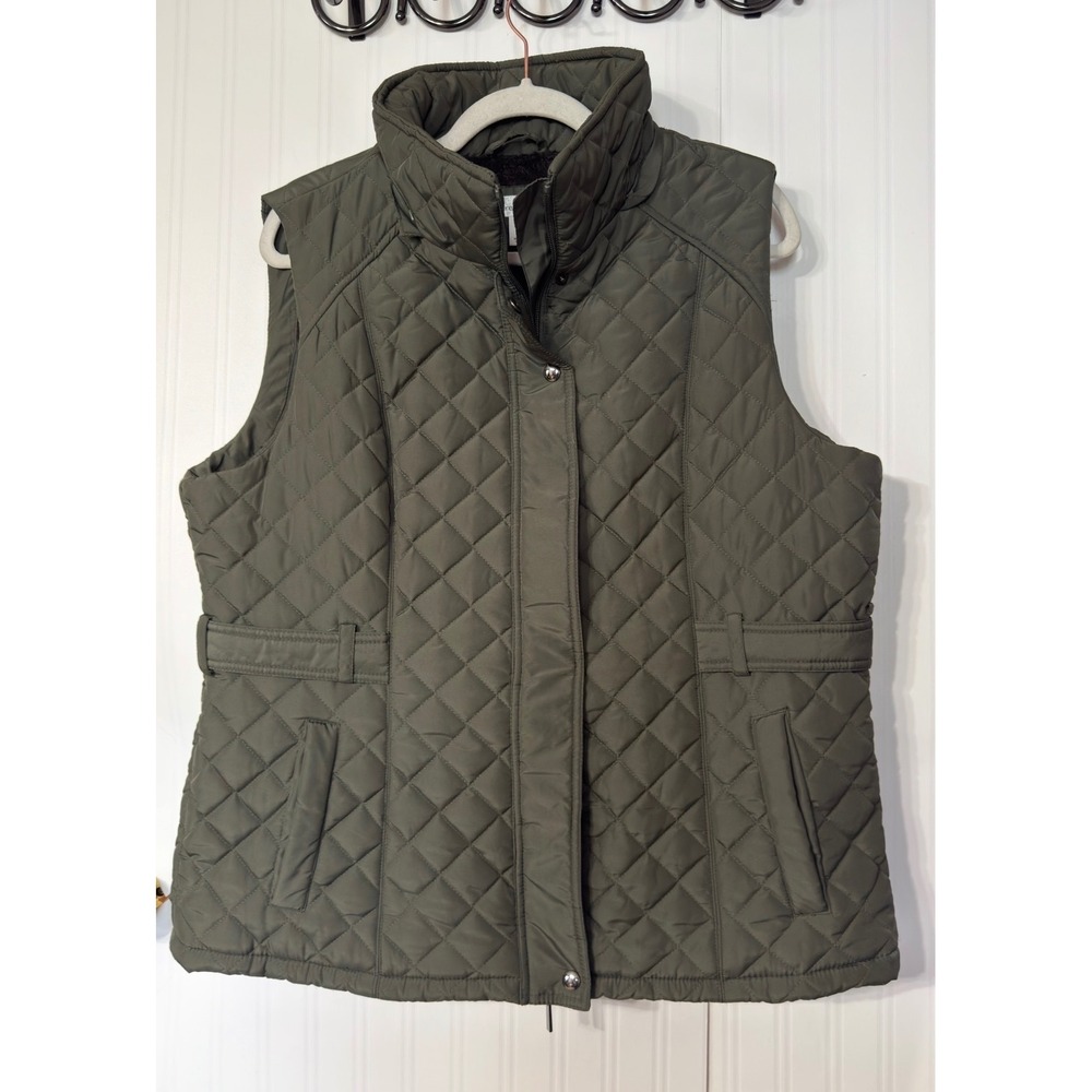 Dressbarn Women Olive Green Quilted Puffer Vest Faux Fur Lined XL Sleeveless Zip